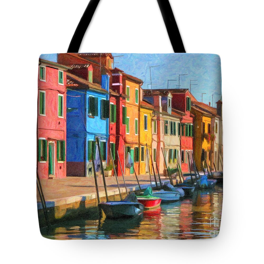 Venice Tote Bag featuring the digital art Burano canal #1 by Liz Leyden