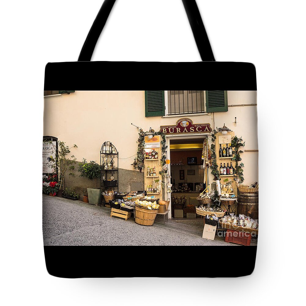 Cinque Terre Tote Bag featuring the photograph Burasca Shop of Manarola by Prints of Italy