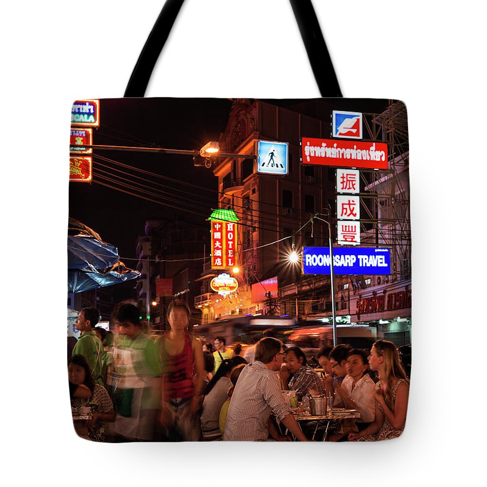 Three Quarter Length Tote Bag featuring the photograph Bustling Street In Chinatown At Night by Gary Yeowell
