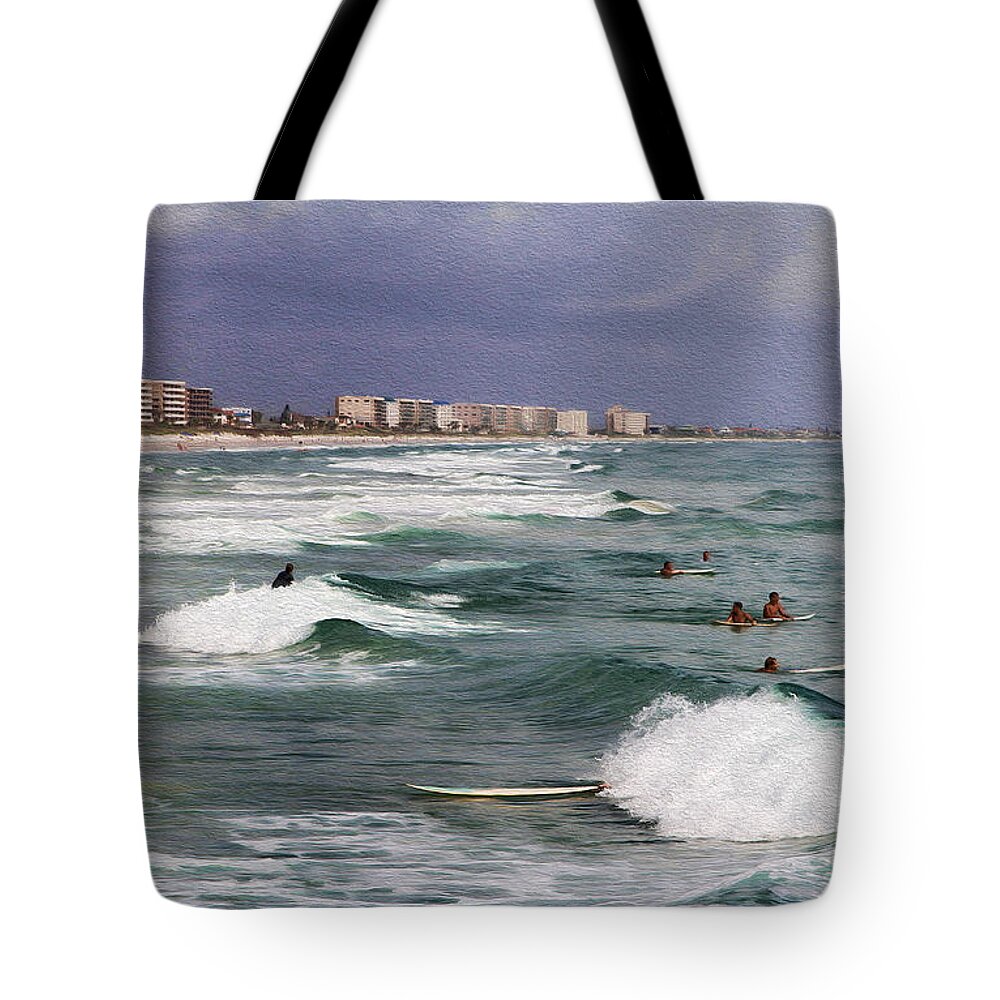 Beach Tote Bag featuring the photograph Busy Day In The Surf by Deborah Benoit