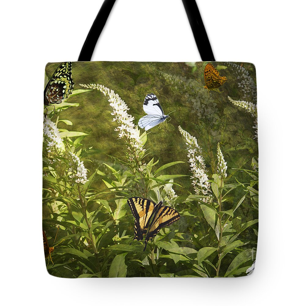 Butterflies Tote Bag featuring the photograph Butterflies in Golden Garden by Belinda Greb