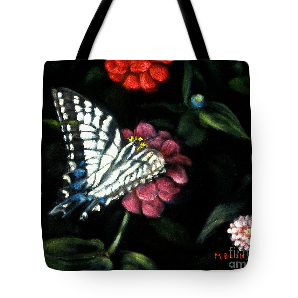Still Life Tote Bag featuring the painting Butterflies in the Garden No. 1 by Marlene Book
