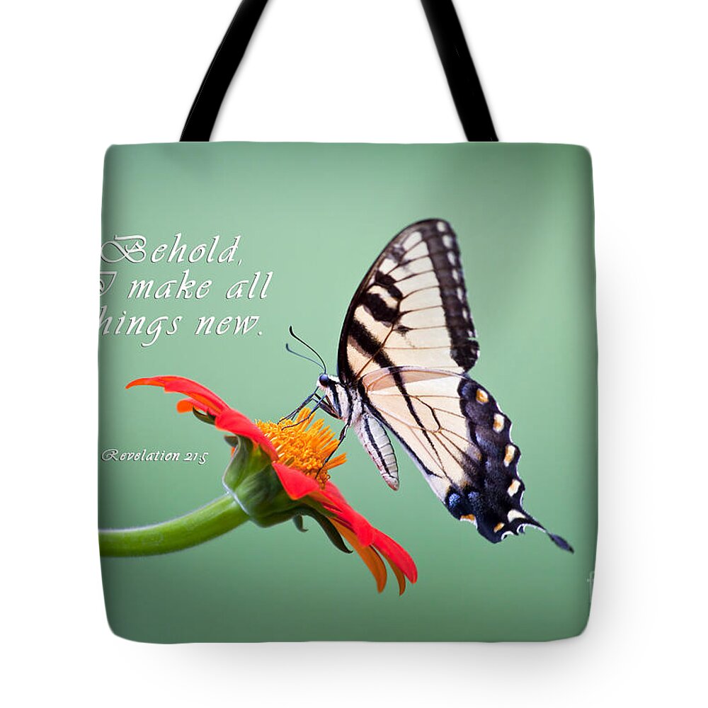 Scripture Art Tote Bag featuring the photograph Butterfly on Sunflower with Scripture by Jill Lang