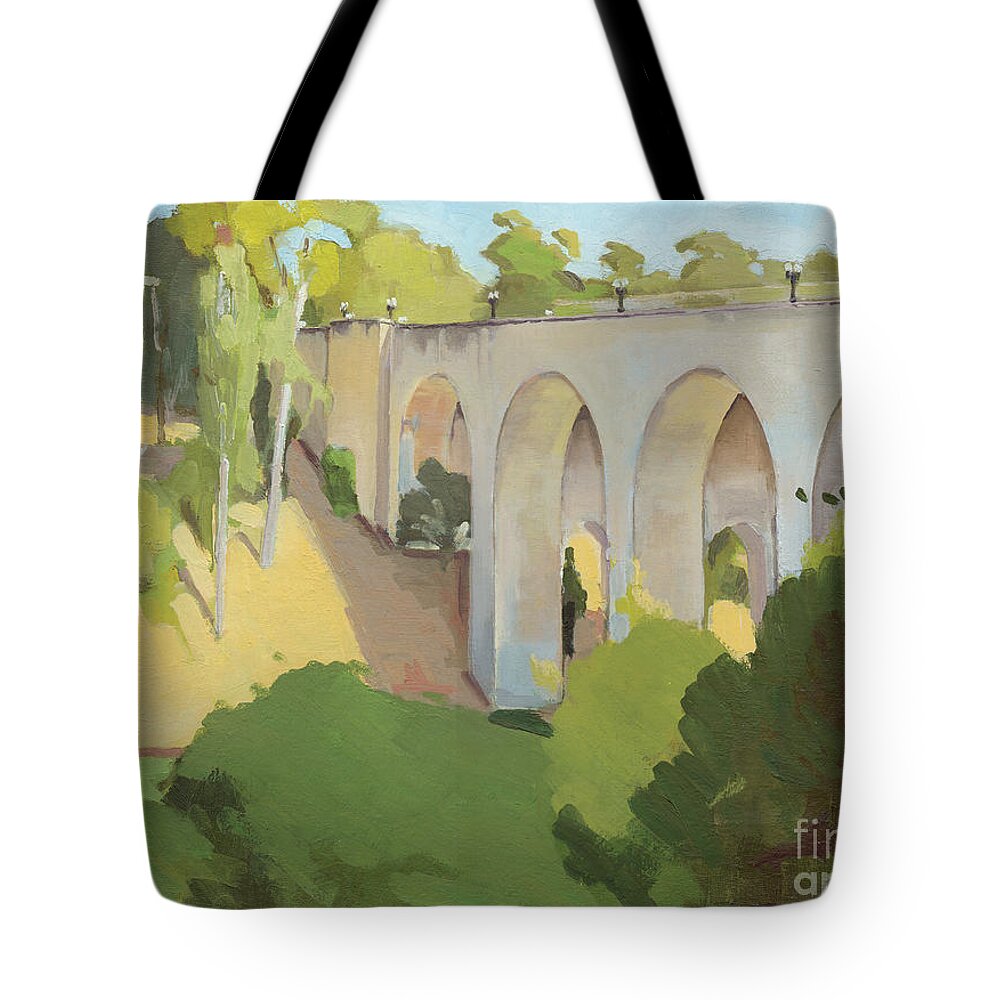 Cabrillo Bridge Tote Bag featuring the painting Cabrillo Bridge Balboa Park San Diego California by Paul Strahm