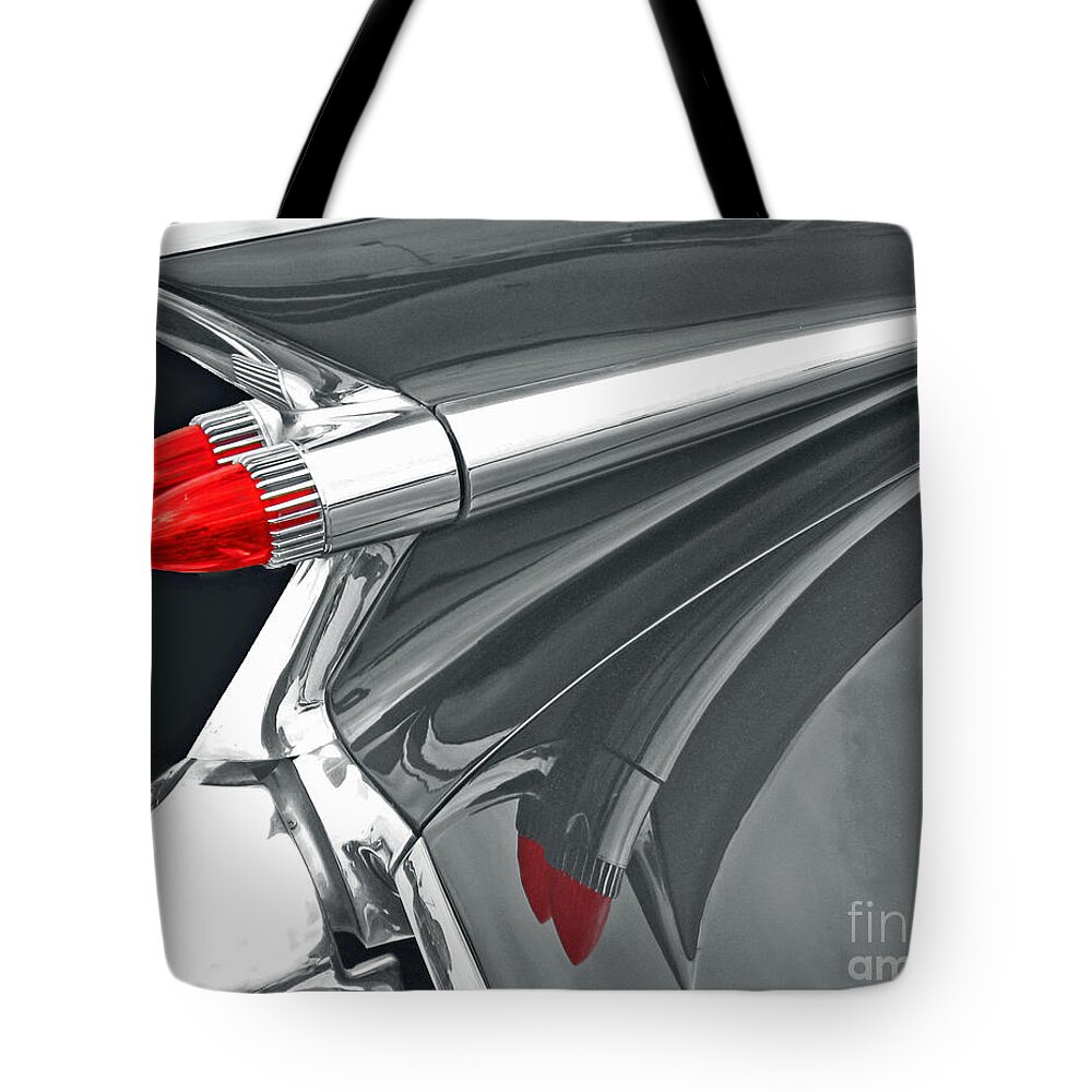 Cadillac Tote Bag featuring the photograph Caddy Classic black and white by Cheryl Del Toro