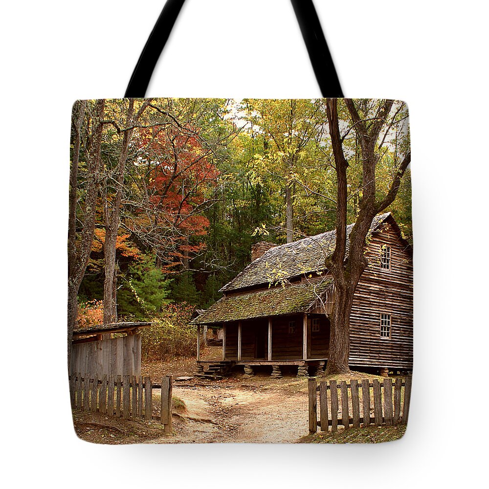 Cabin Tote Bag featuring the photograph Cades Cove Mountain Home by TnBackroadsPhotos 