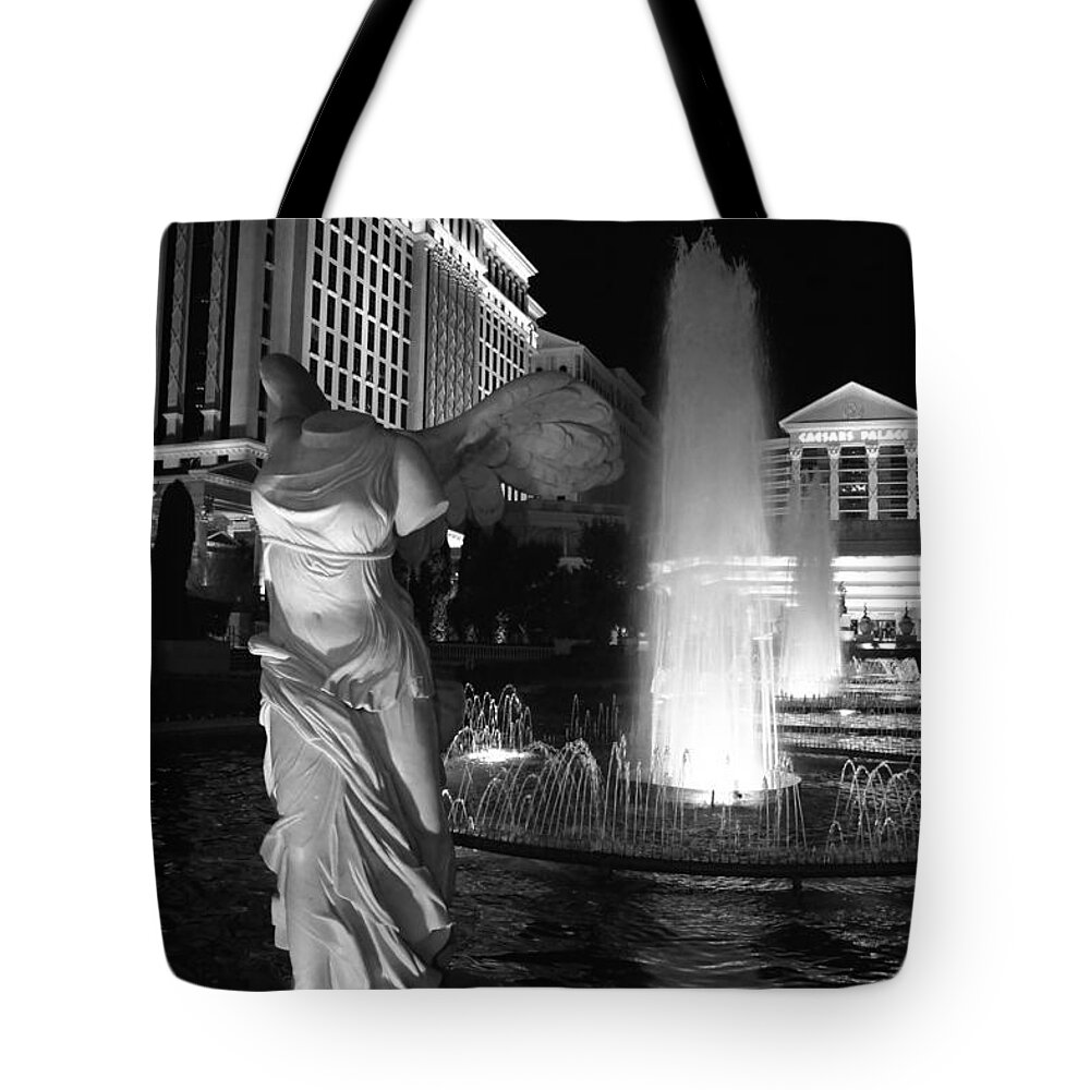Caesars Tote Bag featuring the photograph Caesars Fountain BW by Jenny Hudson