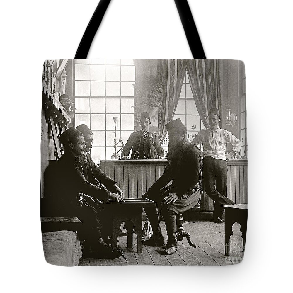 Cairo Cafe Tote Bag featuring the photograph Cafe Game 1894 by Martin Konopacki Restoration