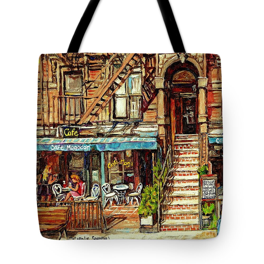 New York Tote Bag featuring the painting Cafe Mogador Moroccan Mediterranean Cuisine New York Paintings East Village Storefronts Street Scene by Carole Spandau