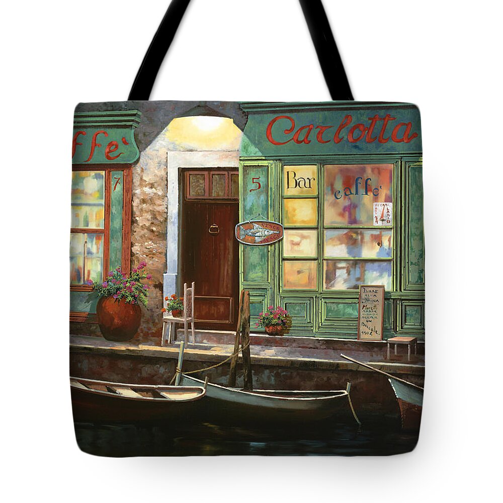 Venice Tote Bag featuring the painting caffe Carlotta by Guido Borelli