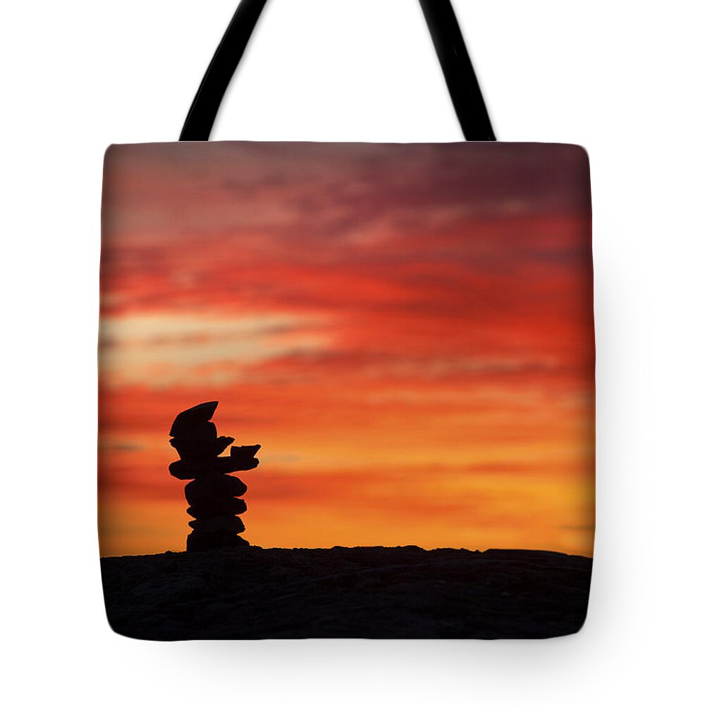 Cairn Tote Bag featuring the photograph Cairn at Sunrise by Eric Gendron