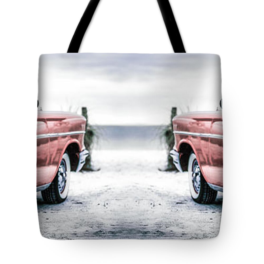 1957 Tote Bag featuring the photograph California Dreaming Chevy Bel Air Cars by Edward Fielding