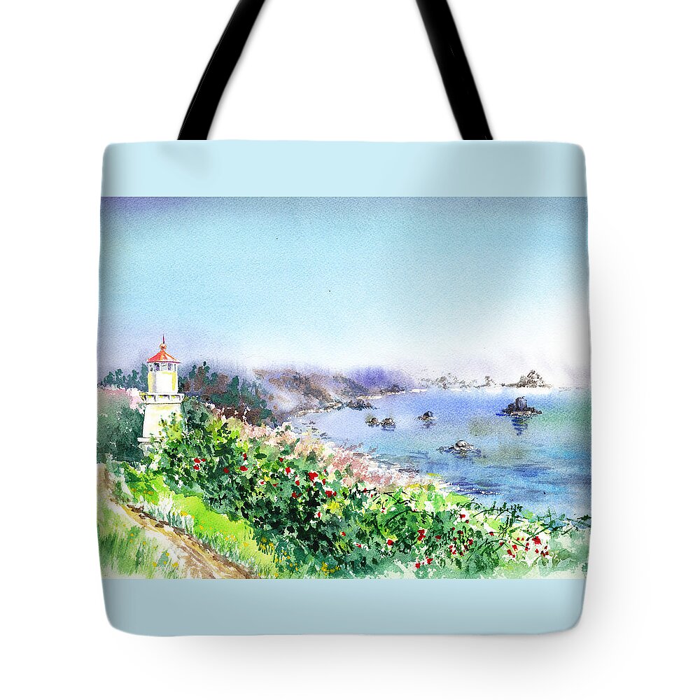 Lighthouse Tote Bag featuring the painting Lighthouse Trinidad California by Irina Sztukowski