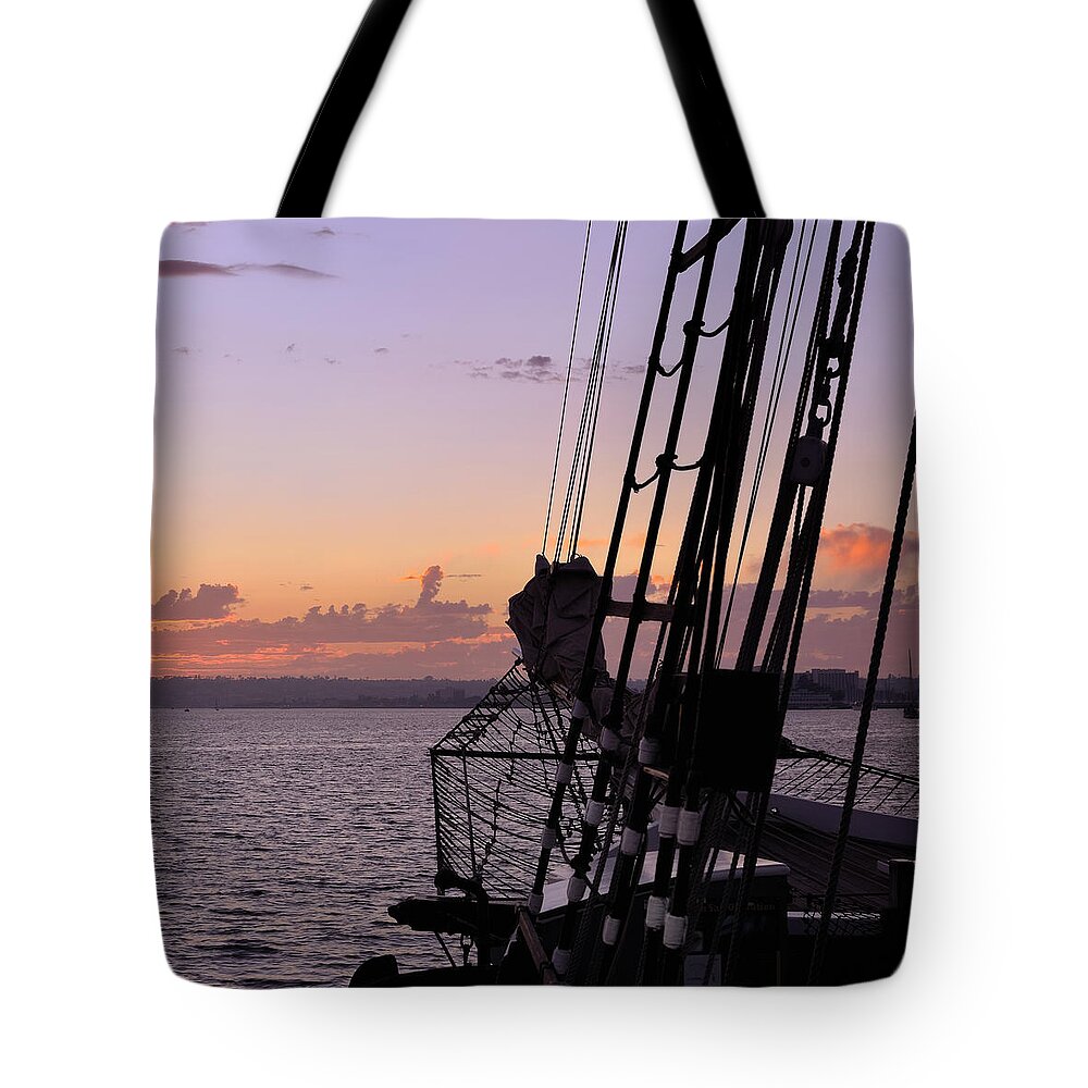 Tall Ship Tote Bag featuring the photograph Californian at sunset by Marianne Campolongo