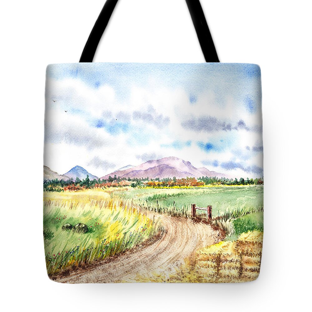 Mountains Tote Bag featuring the painting Californian Landscape Saint Johns Ranch of Mountain Shasta County by Irina Sztukowski