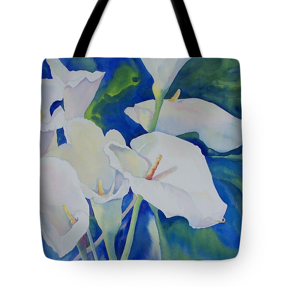 Lily Tote Bag featuring the painting Calla Lilies by Celene Terry