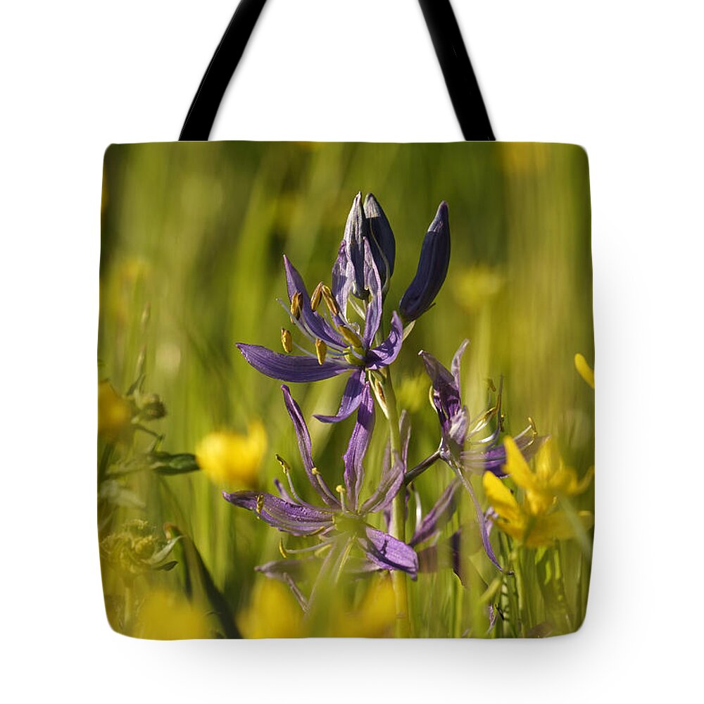 Camas Tote Bag featuring the photograph Camas and wild flowers by Inge Riis McDonald