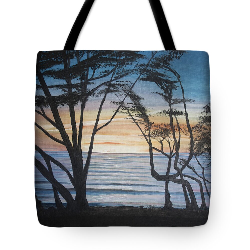 Blue Tote Bag featuring the painting Cambria Cypress Trees at Sunset by Ian Donley