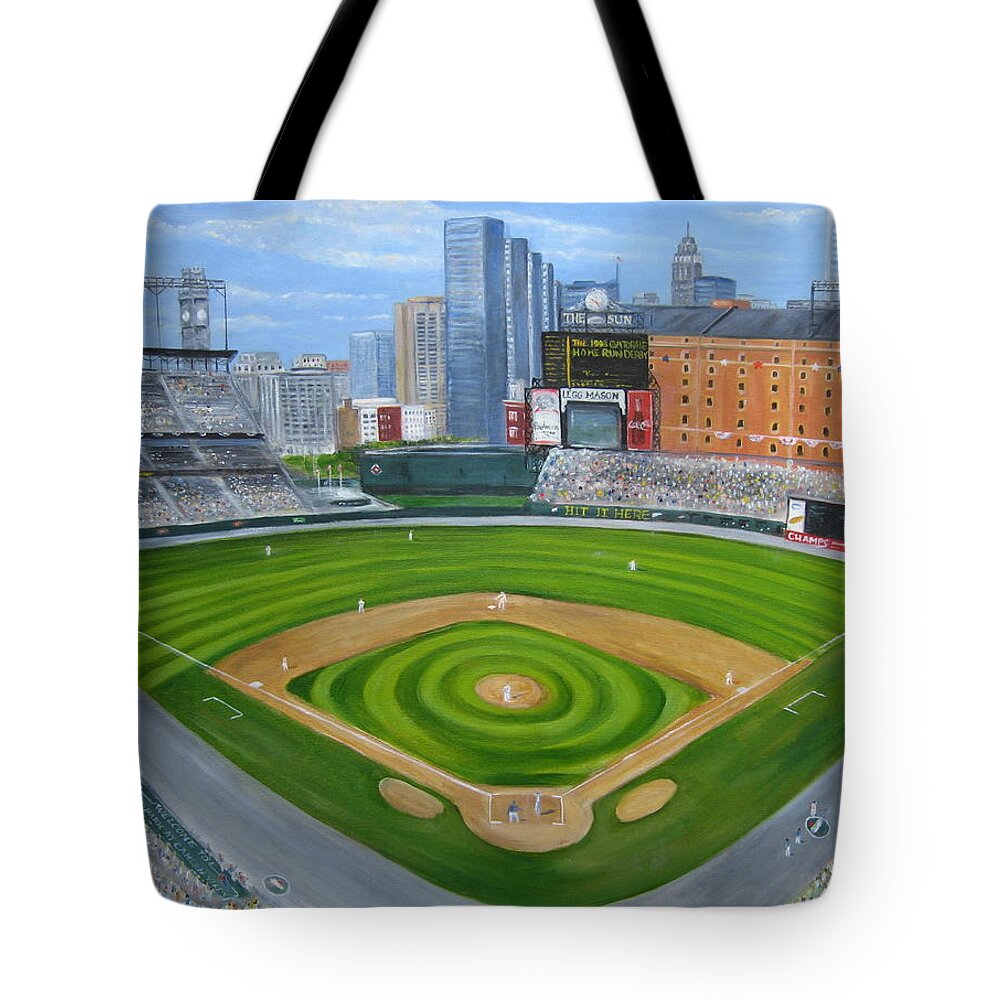 Camden Yards Tote Bag featuring the painting Camden Yards by Laura Corebello