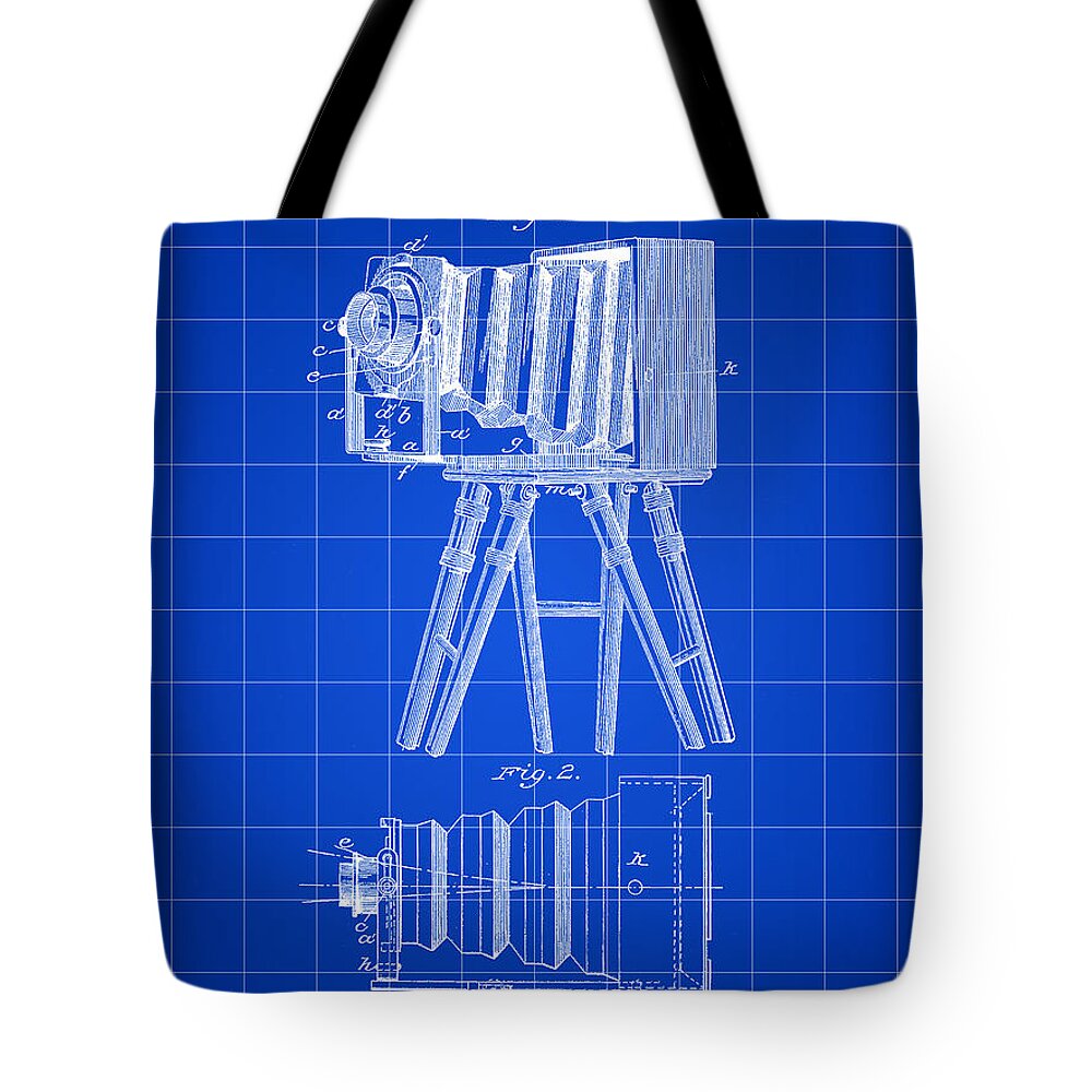 Camera Tote Bag featuring the digital art Camera Patent 1885 - Blue by Stephen Younts