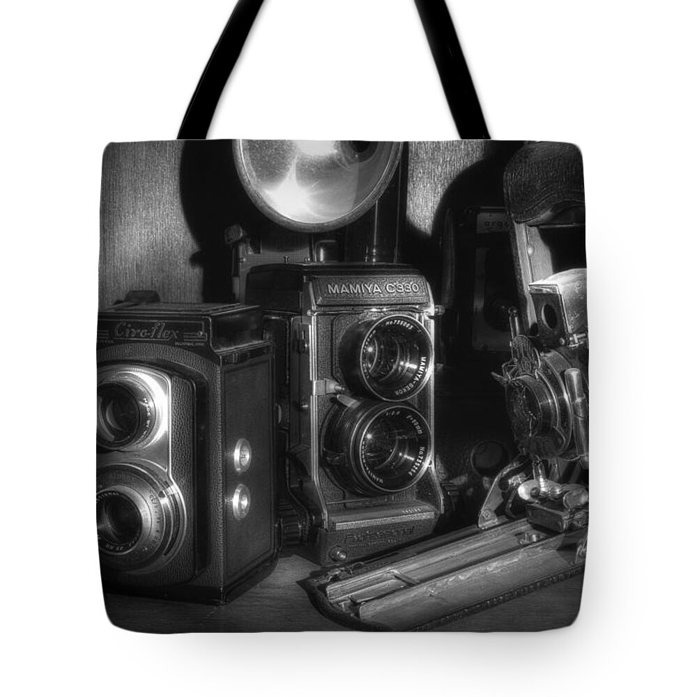 Antique Cameras Tote Bag featuring the photograph Cameras In The Cupboard 2 by Michael Eingle