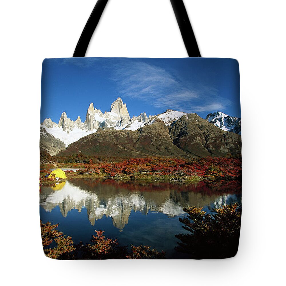 00260065 Tote Bag featuring the photograph Camp Beside Small Pond Below Fitzroy by Colin Monteath