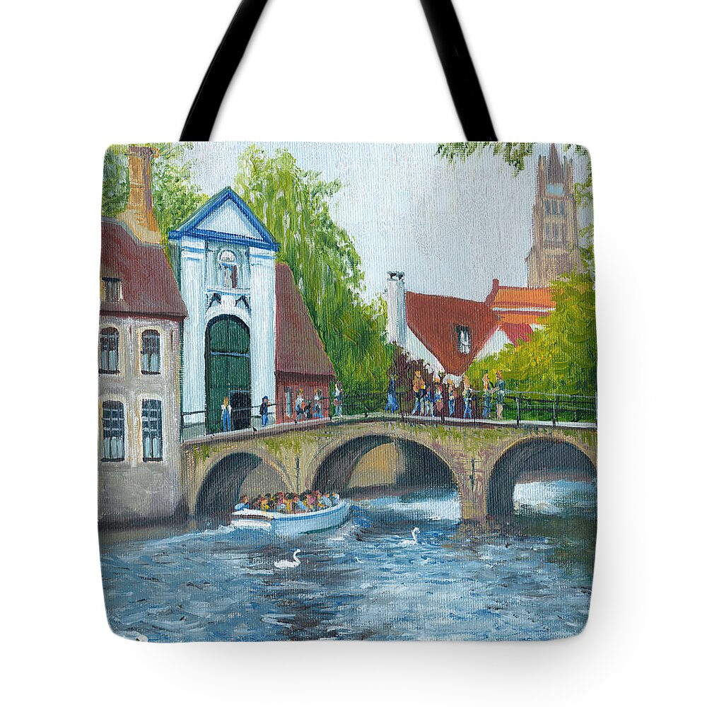 Landscape Tote Bag featuring the painting Canal in Bruges Belgium by Dai Wynn