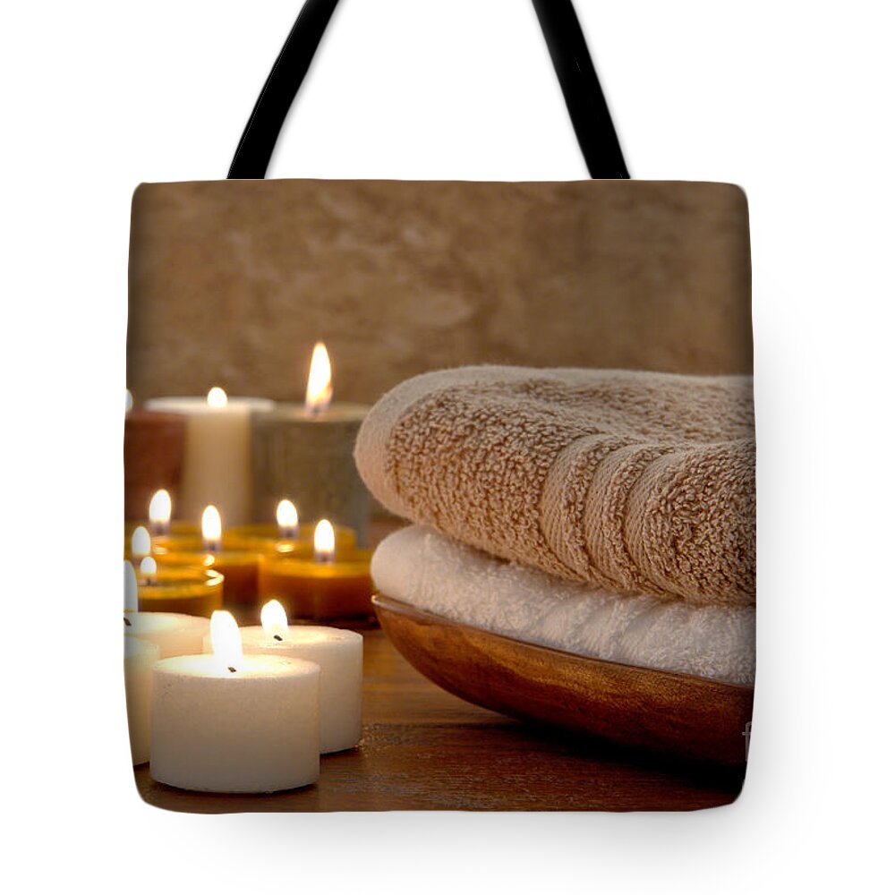 Spa Tote Bag featuring the photograph Candles and Towels in a Spa by Olivier Le Queinec