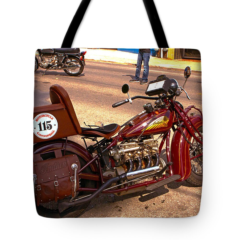 Motorcycle Cannonball 2014 Tote Bag featuring the photograph Cannonball Indian #115 by Jeff Kurtz