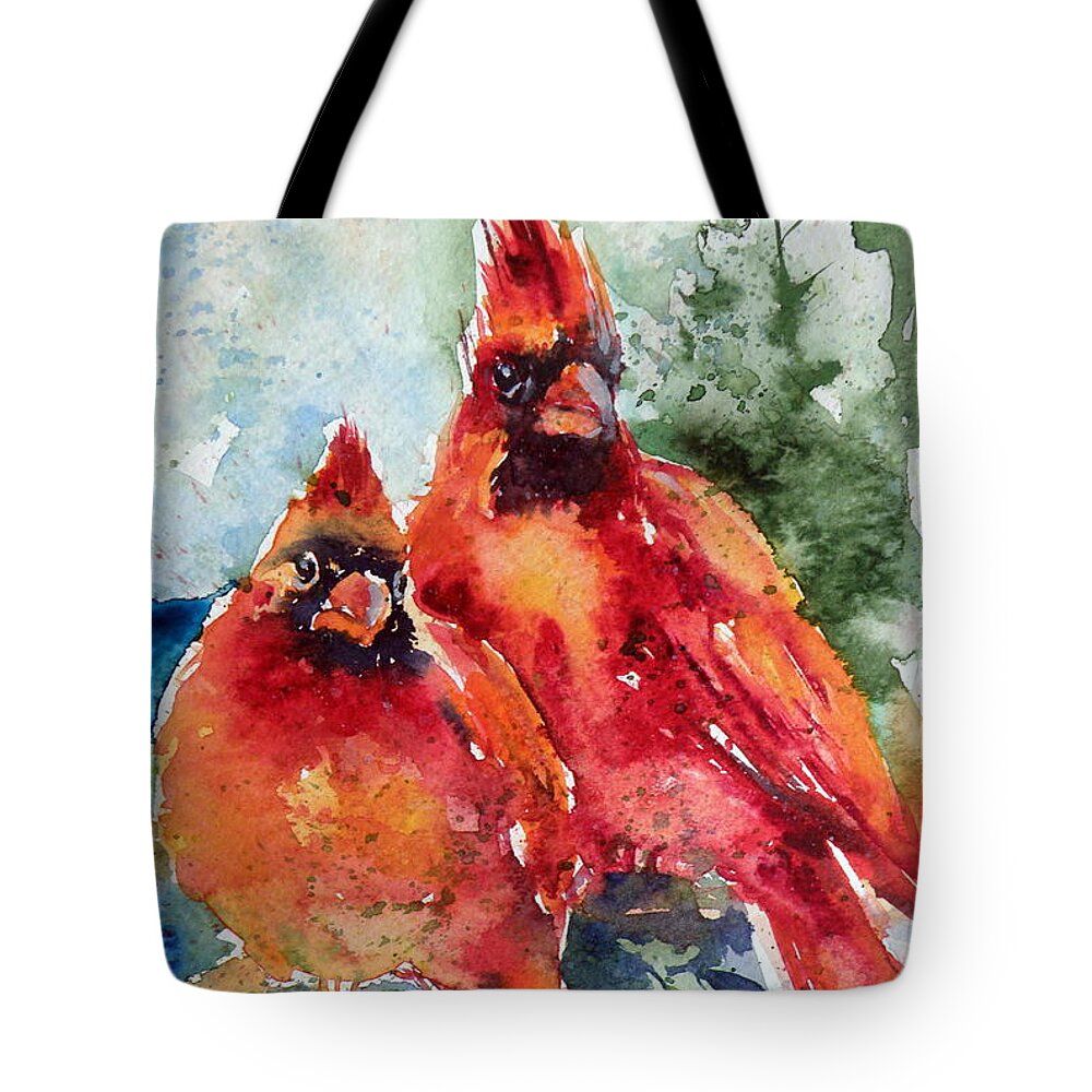 Cardinal Tote Bag featuring the painting Cardinal birds by Kovacs Anna Brigitta