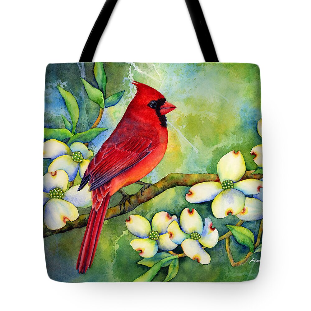 Cardinal Tote Bag featuring the painting Cardinal on Dogwood by Hailey E Herrera