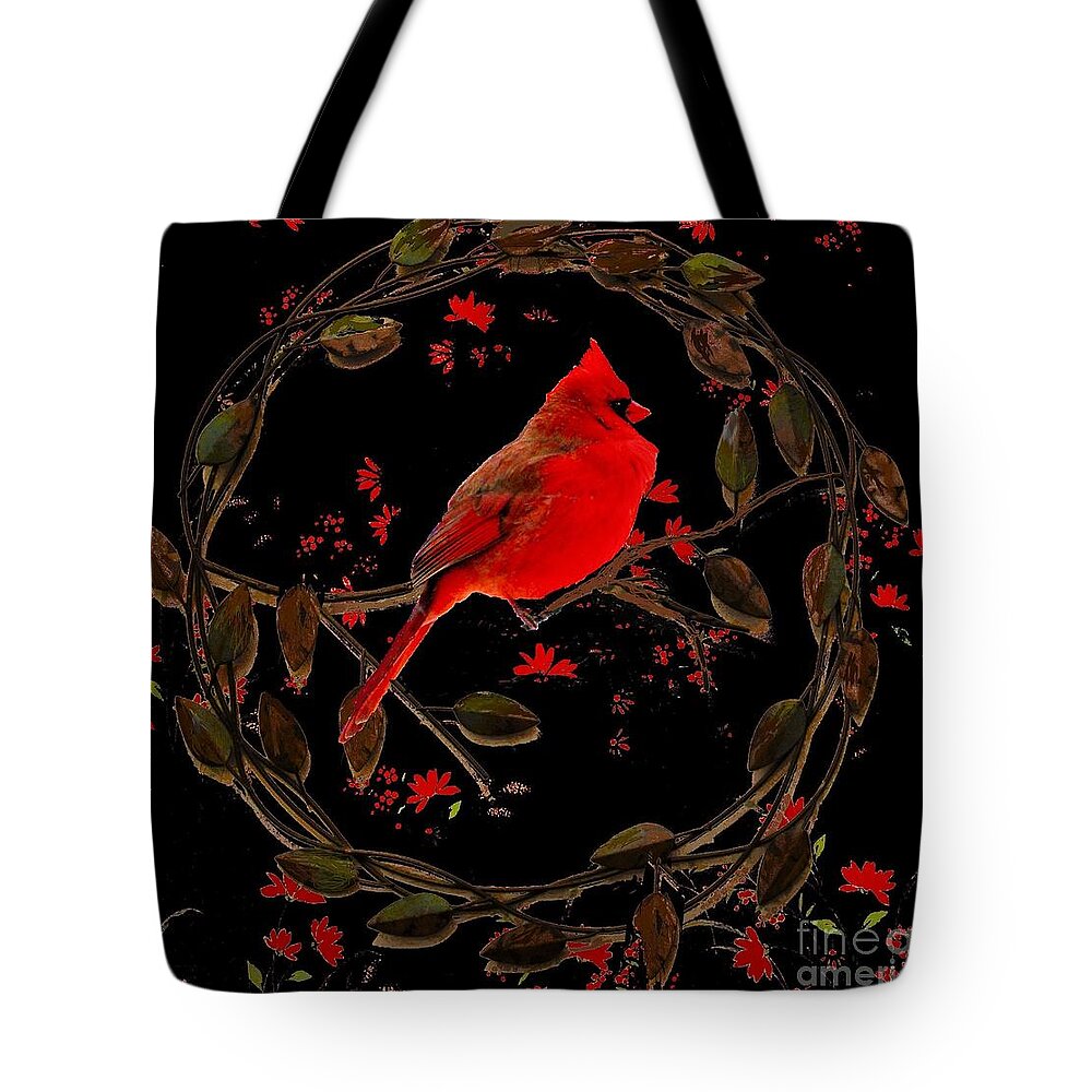 Male Tote Bag featuring the photograph Cardinal on Metal Wreath by Janette Boyd