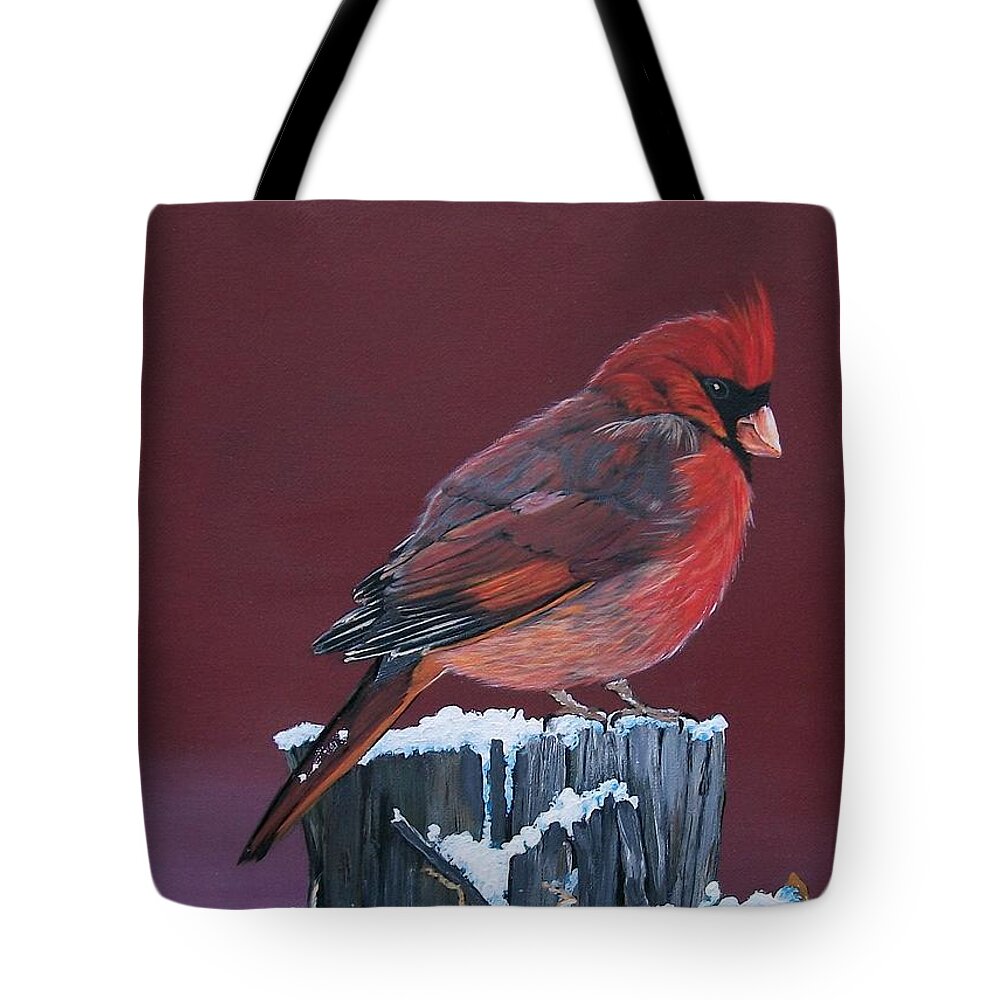 Red Bird Tote Bag featuring the painting Cardinal Winter Songbird by Sharon Duguay