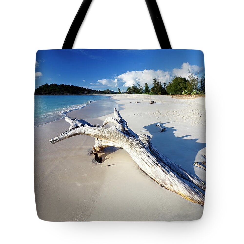 Water's Edge Tote Bag featuring the photograph Caribbean Beach With Driftwood by Michaelutech