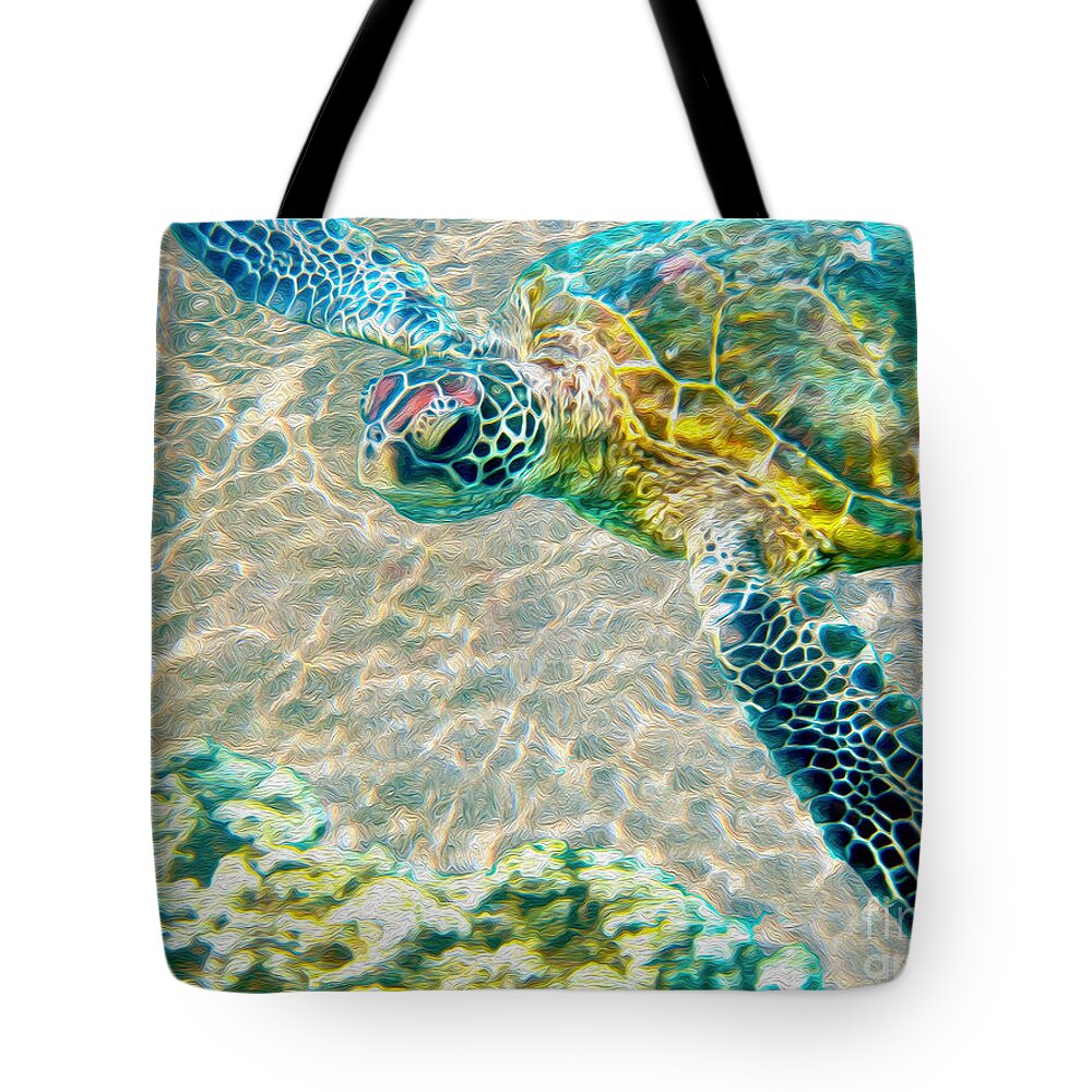Caribbean Sea Turtle Tote Bag featuring the mixed media Beautiful Sea Turtle by Jon Neidert