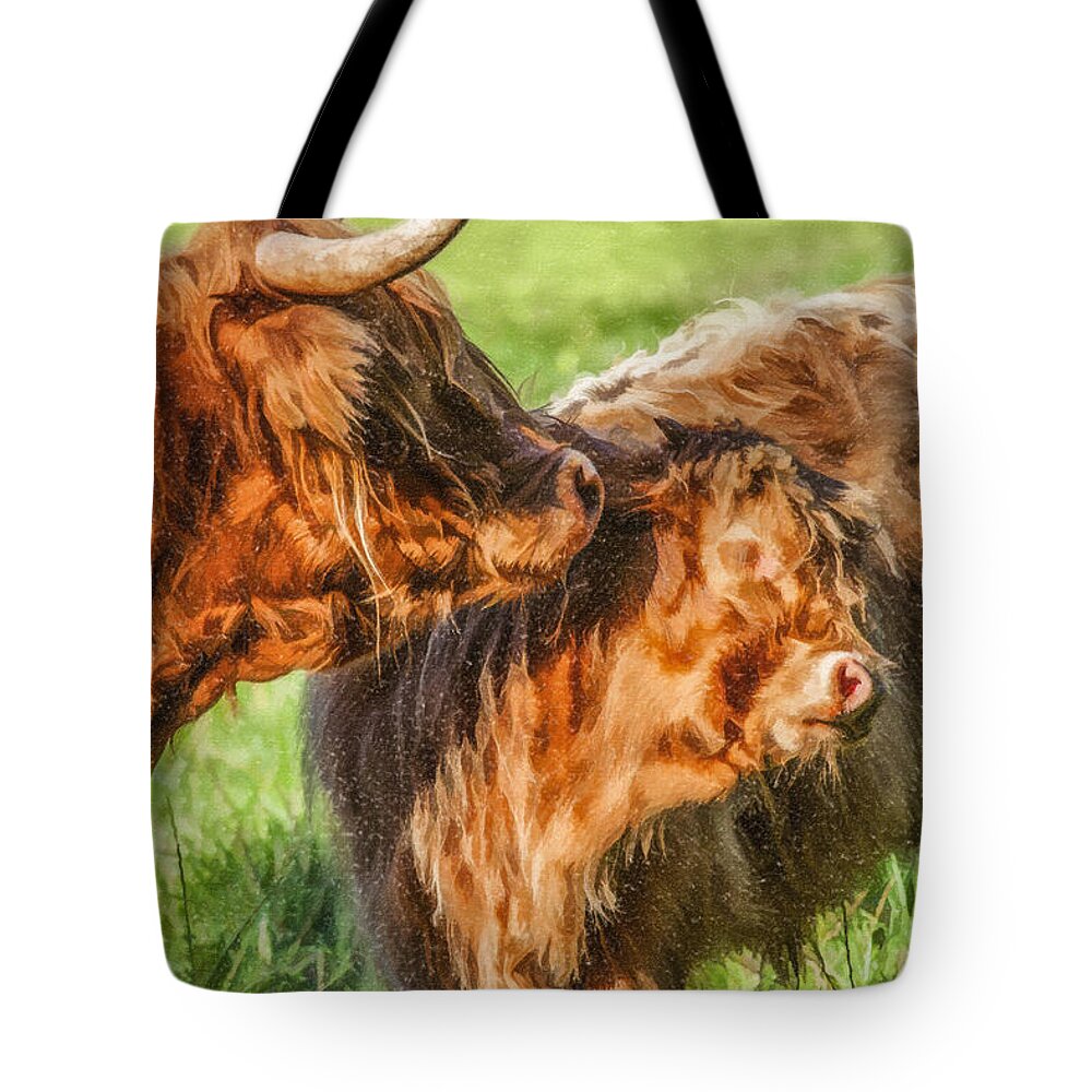 Highland Cow Tote Bag featuring the digital art Caring Mother by Liz Leyden