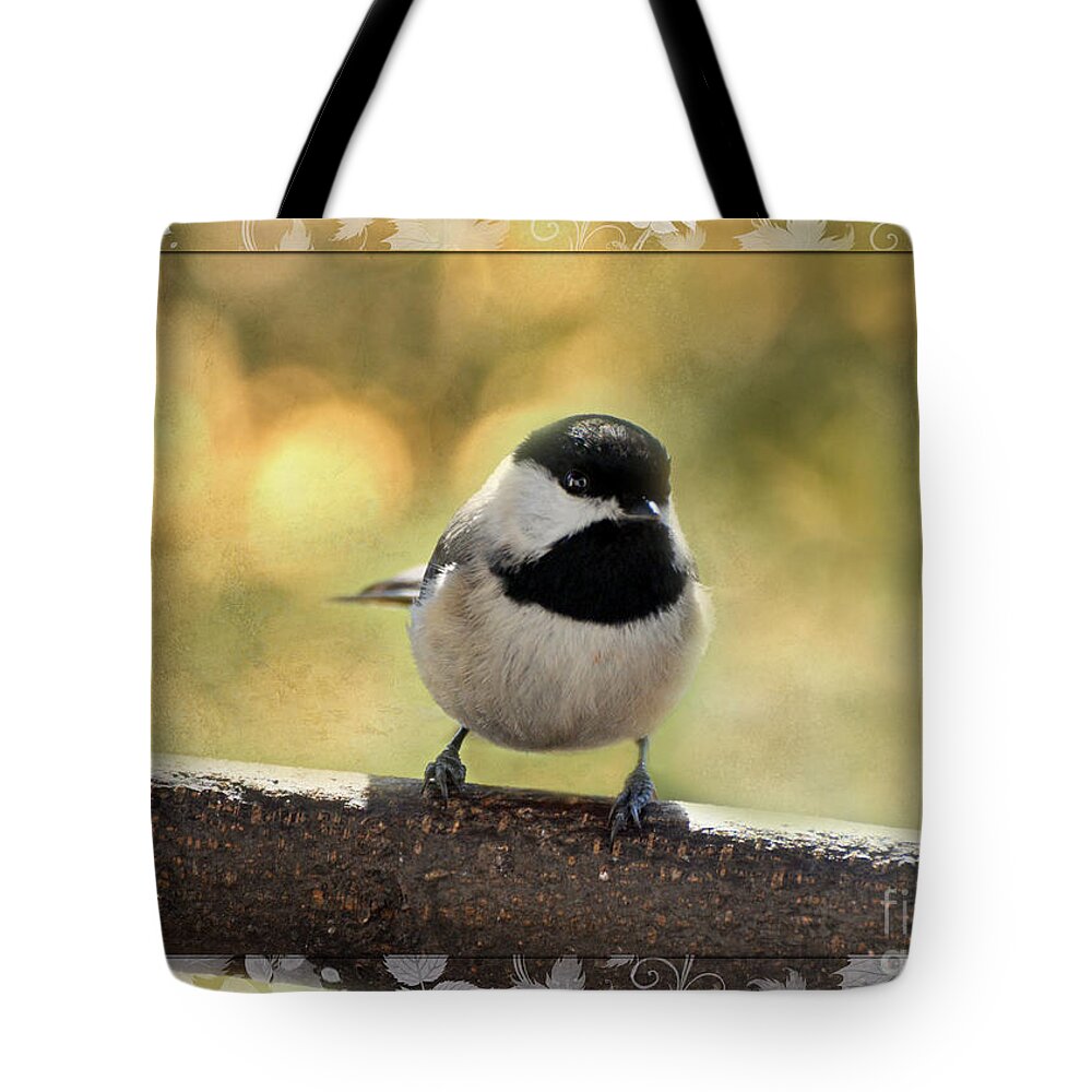 Nature Tote Bag featuring the photograph Carolina Chickadee with decorative frame III by Debbie Portwood