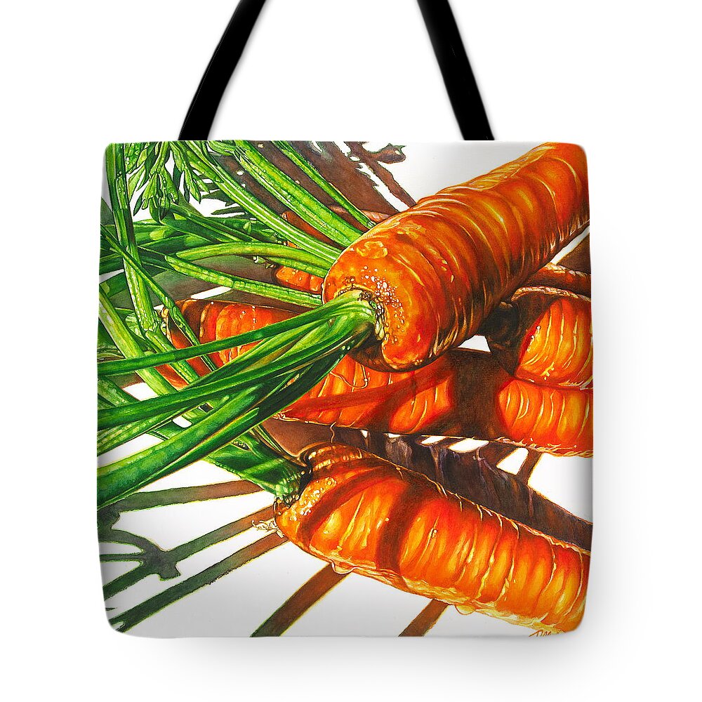 Carrots Tote Bag featuring the painting Carrot Top Shadows by Tracy Male