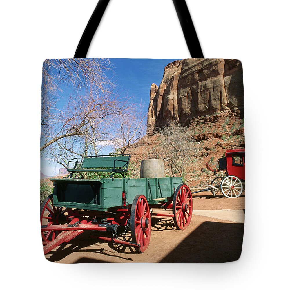 Toughness Tote Bag featuring the photograph Cart And Stagecoach Beneath Cliffs by David C Tomlinson