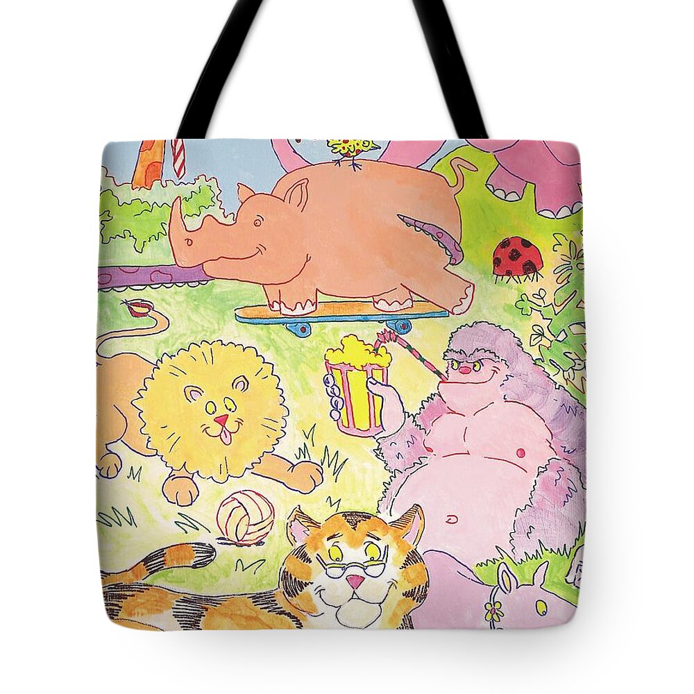 Giraffe Tote Bag featuring the painting Cartoon Animals by Mike Jory