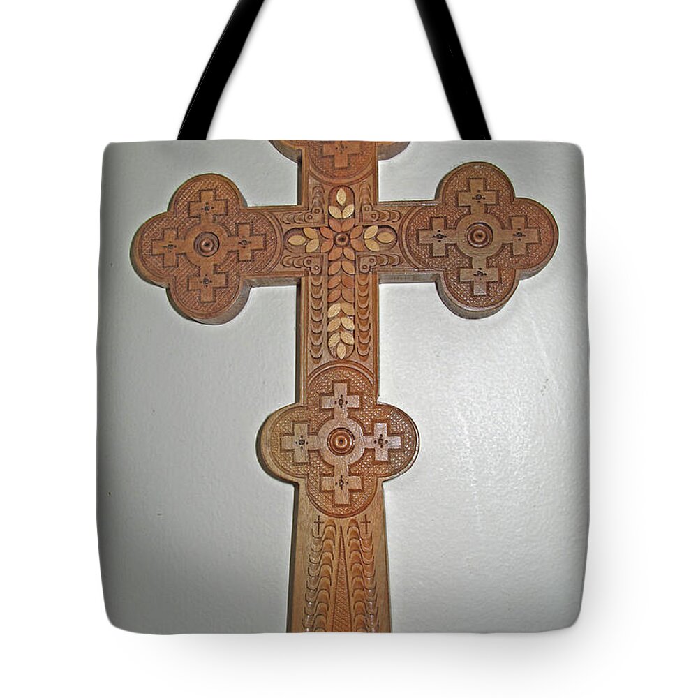 Wood Carving Tote Bag featuring the photograph Carved Ukrainian Wooden Cross by Barbara McDevitt