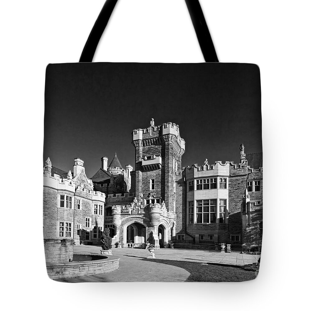 Casa Loma Tote Bag featuring the photograph Casa Loma in Toronto in Black and White by Les Palenik