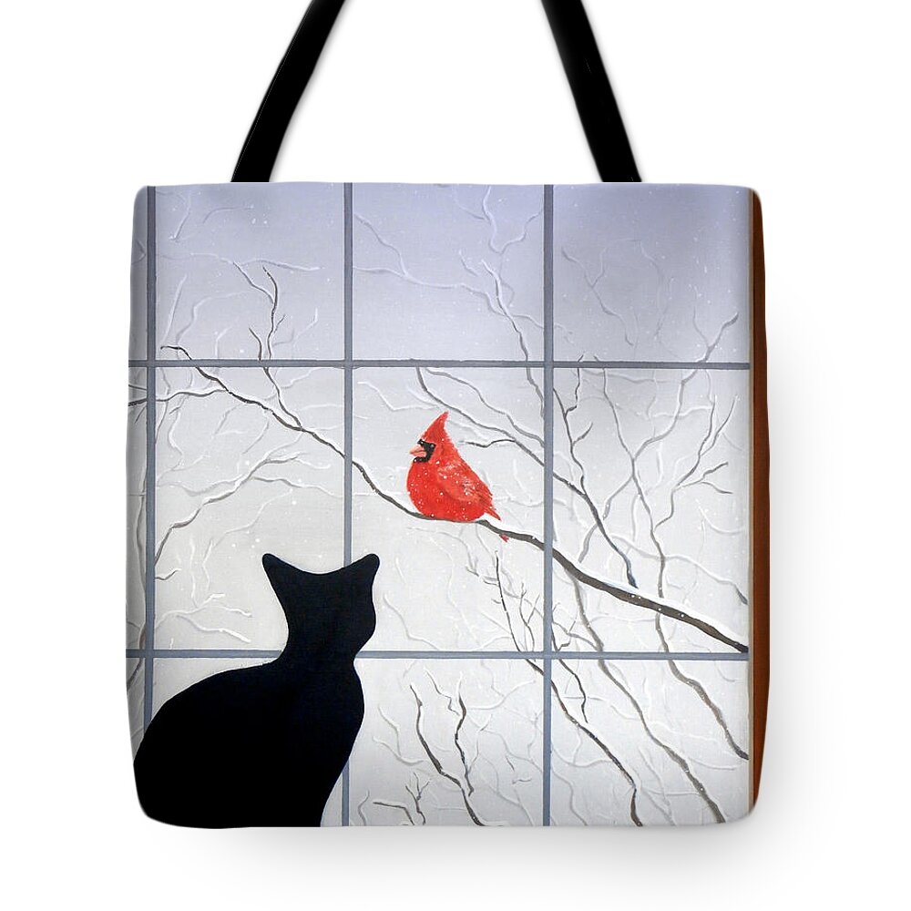 Cat Tote Bag featuring the painting Cat and Cardinal by Karyn Robinson