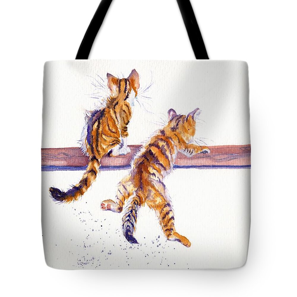 Kittens Tote Bag featuring the painting Cat-astrophe - two naughty kittens by Debra Hall