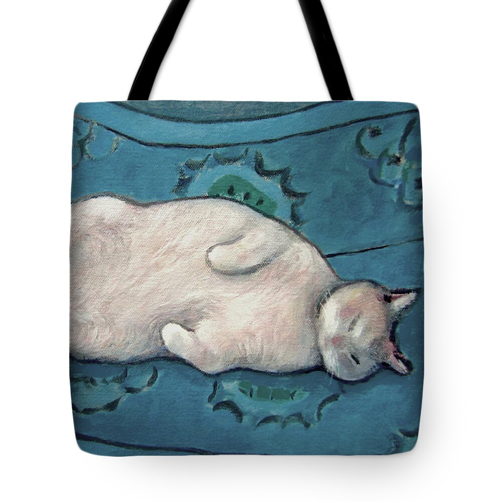Cat On Blue Chair Tote Bag featuring the painting Cat on Blue Chair by Kazumi Whitemoon
