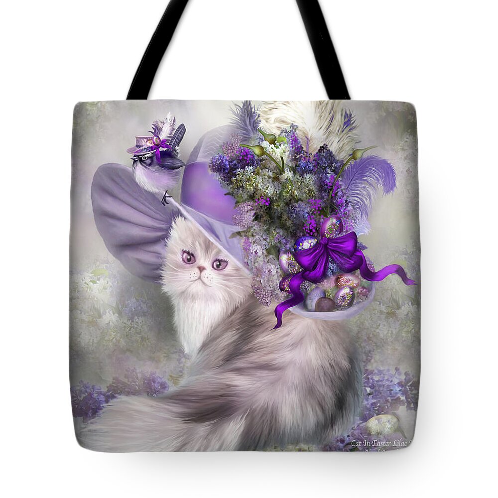 Cat Tote Bag featuring the mixed media Cat In Easter Lilac Hat by Carol Cavalaris