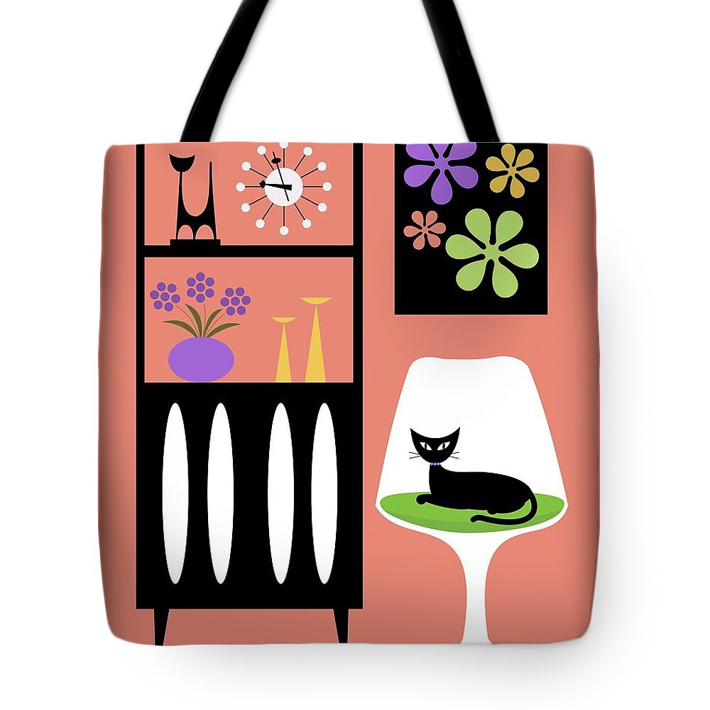 Mid Century Modern Tote Bag featuring the digital art Cat in Pink Room by Donna Mibus