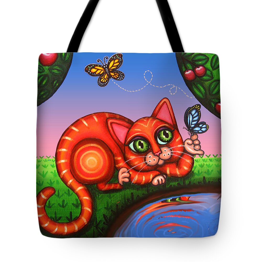Cat Tote Bag featuring the painting Cat in Reflection by Victoria De Almeida