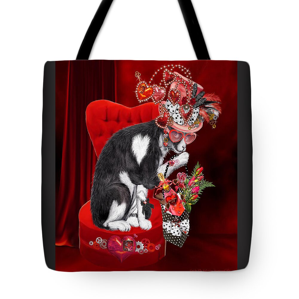 Cat Tote Bag featuring the mixed media Cat In The Valentine Steam Punk Hat by Carol Cavalaris