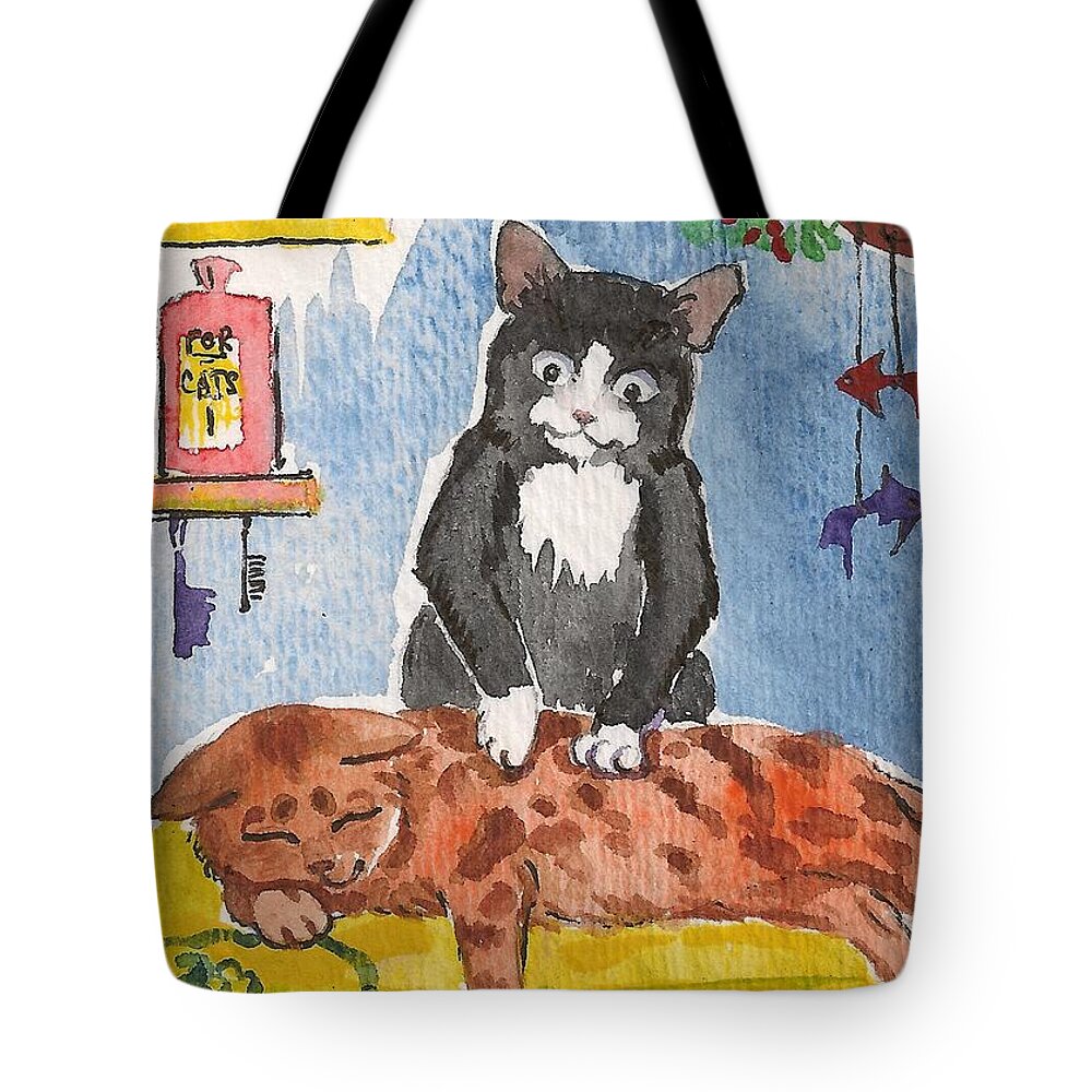 Print Tote Bag featuring the painting Cat Massage by Margaryta Yermolayeva